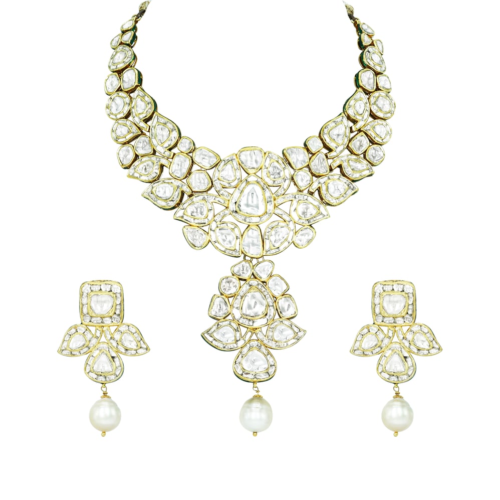 Asymmetrical Polki Necklace Set with Green Enamel and Pearl Drop