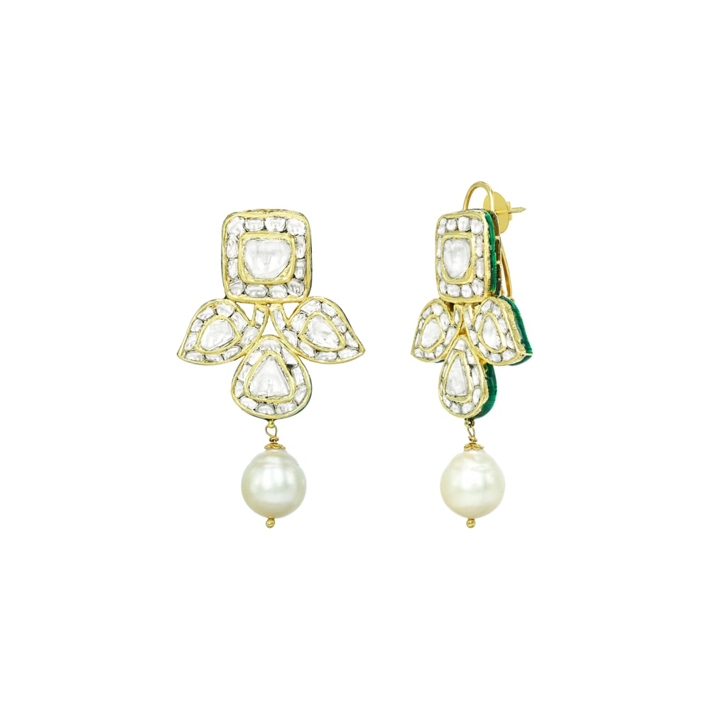 Asymmetrical Polki Necklace Set with Green Enamel and Pearl Drop