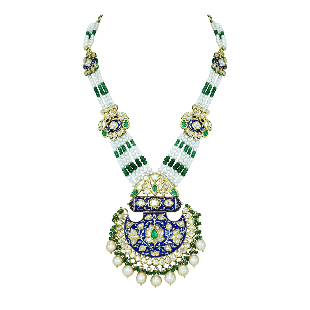 Pankhi-Style Polki Necklace with Blue Enamel and Emerald Accents