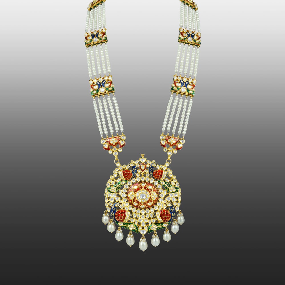 Peacock Pendant Necklace with Polki and Multi-Layered Pearls