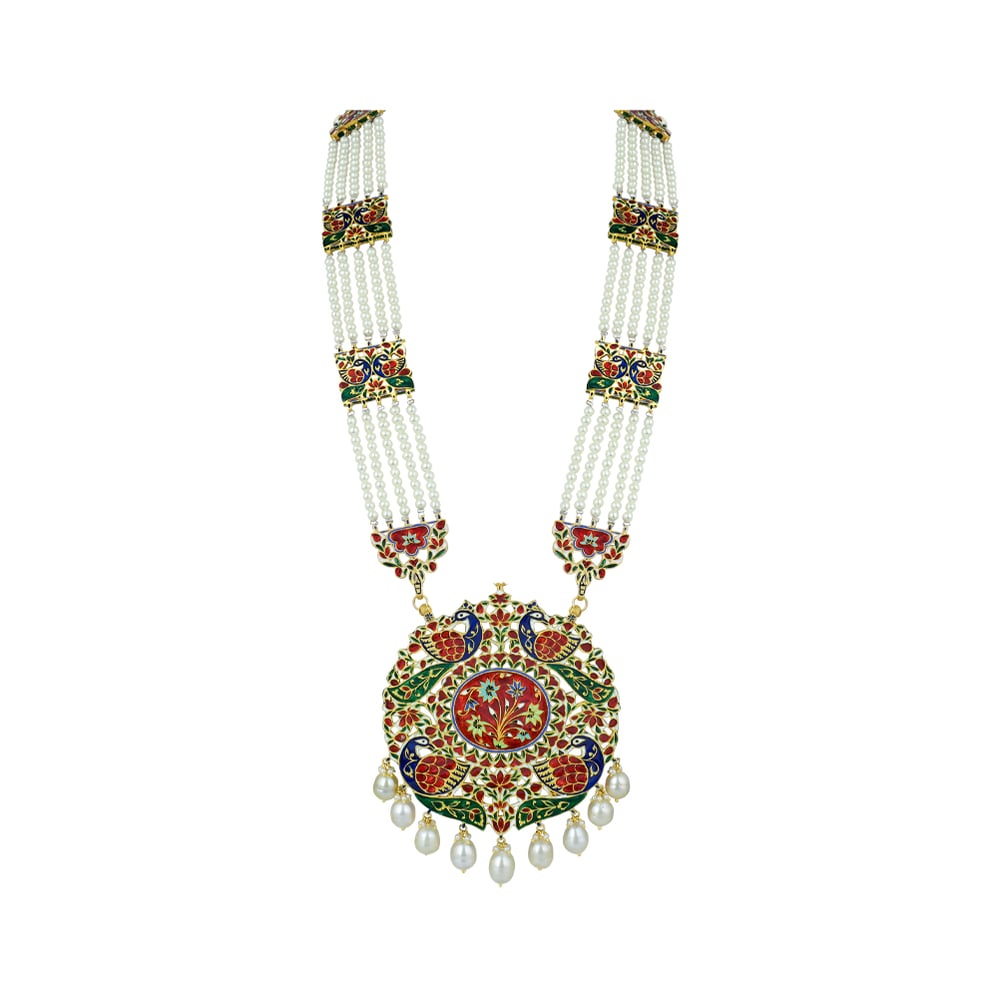 Peacock Pendant Necklace with Polki and Multi-Layered Pearls