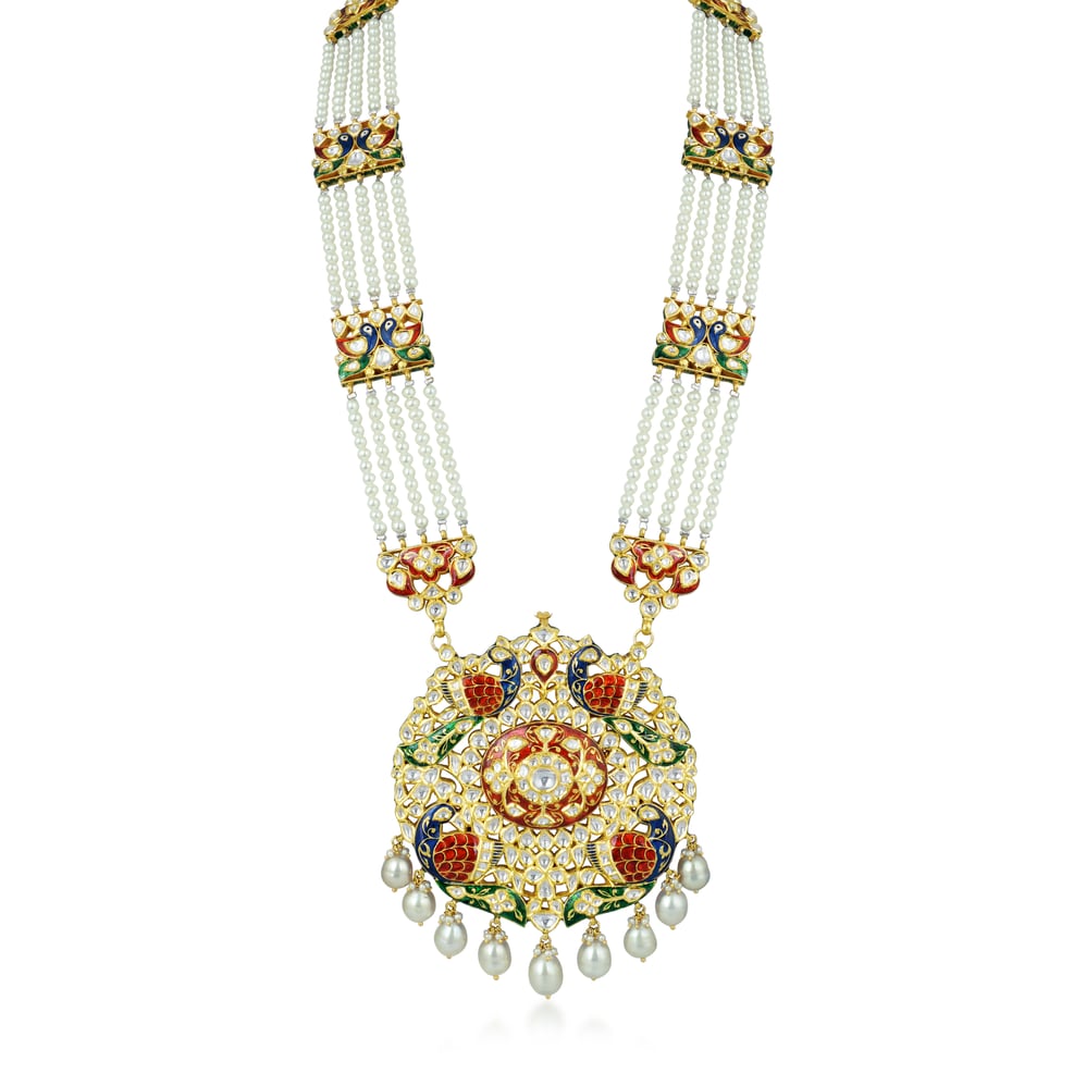 Peacock Pendant Necklace with Polki and Multi-Layered Pearls