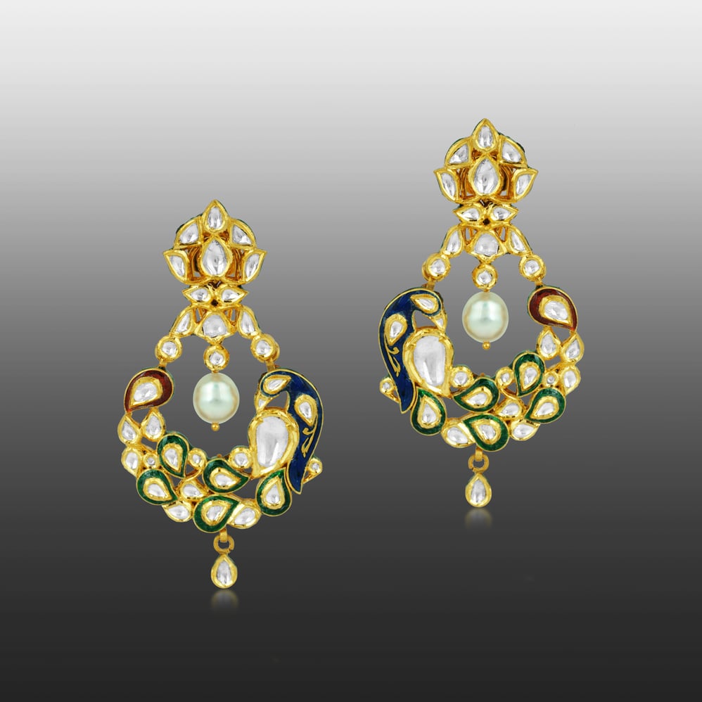 Peacock Motif Earrings with Polki, Enamel, and Pearl Drop
