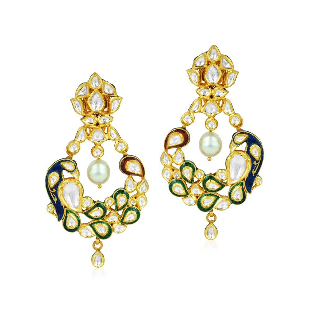 Peacock Motif Earrings with Polki, Enamel, and Pearl Drop