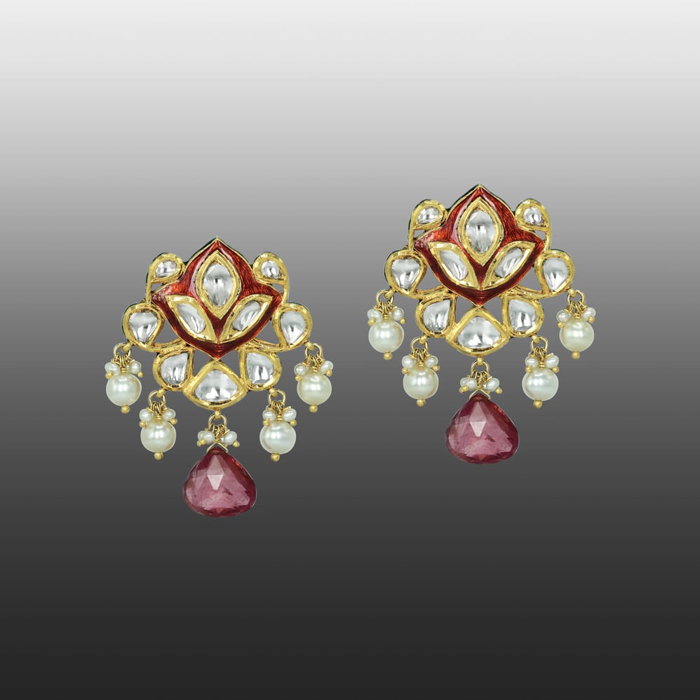 Red Enamel Polki Pendant Set with Tourmaline and Pearl Drops