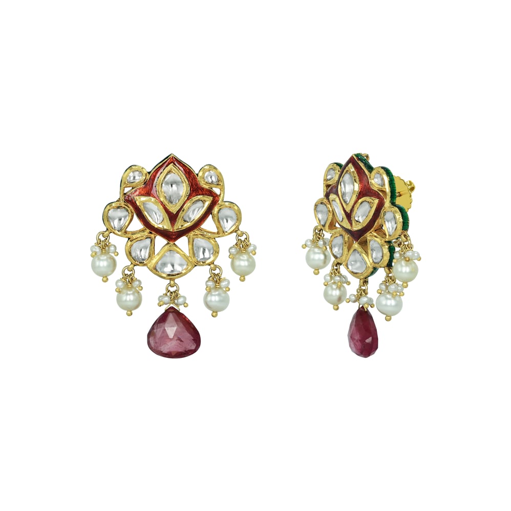 Red Enamel Polki Pendant Set with Tourmaline and Pearl Drops