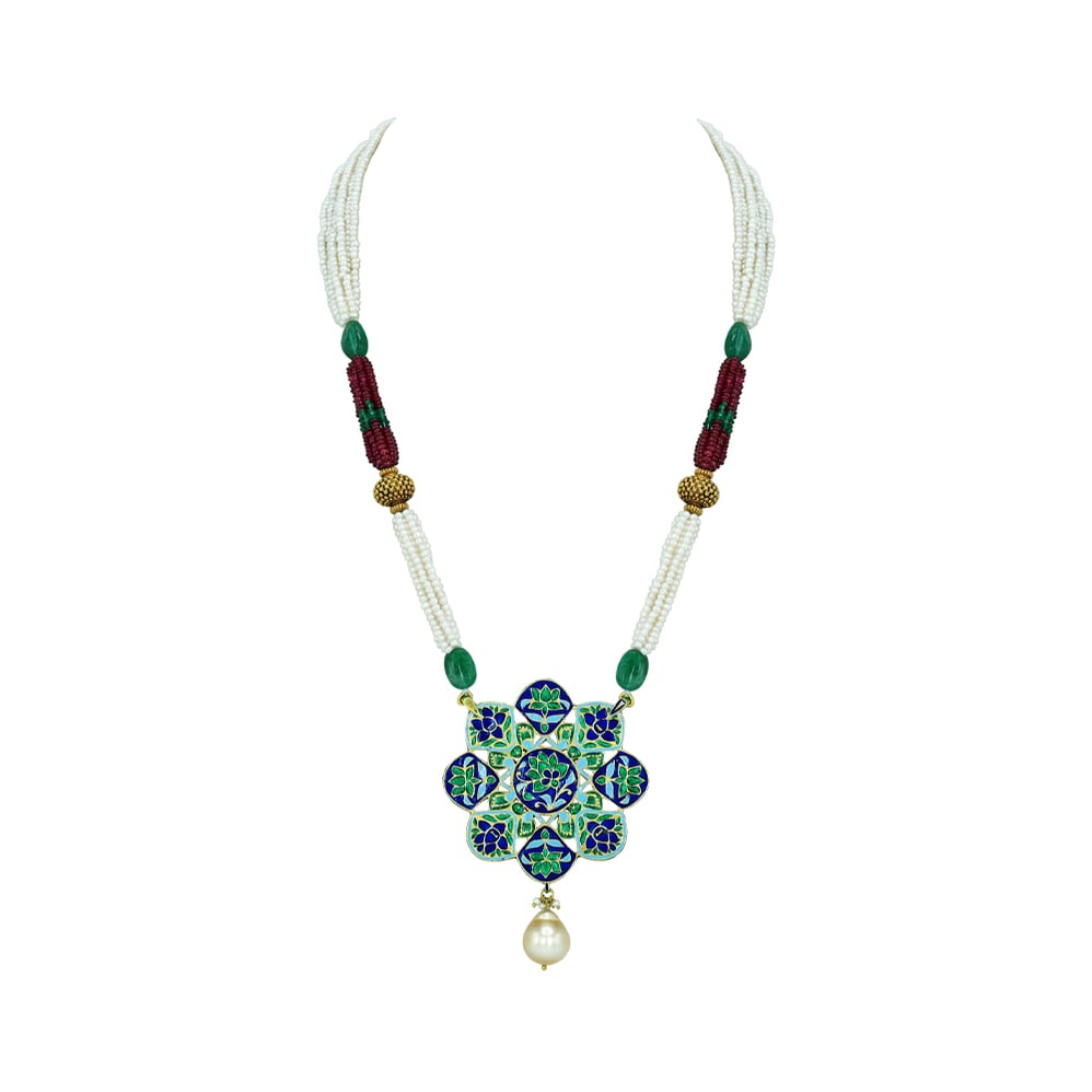 Navaratna Pendant Necklace with Pearls, Emeralds, and Ruby Beads