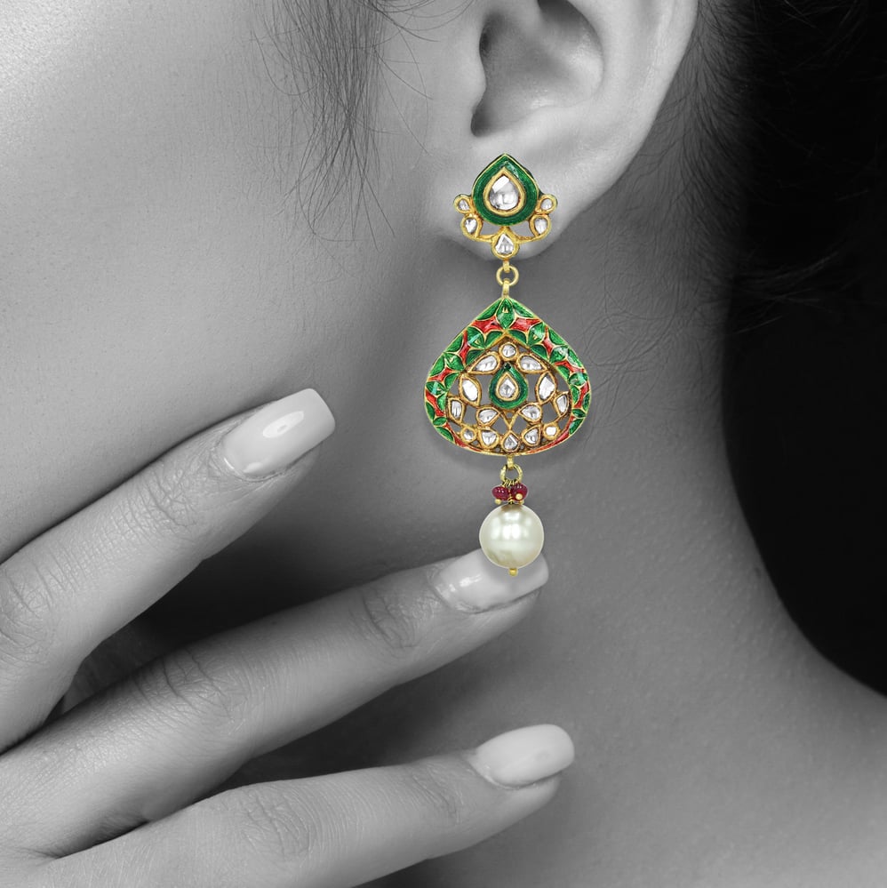 Polki Necklace Set with Green Enamel, Pearl Strands, and Drops