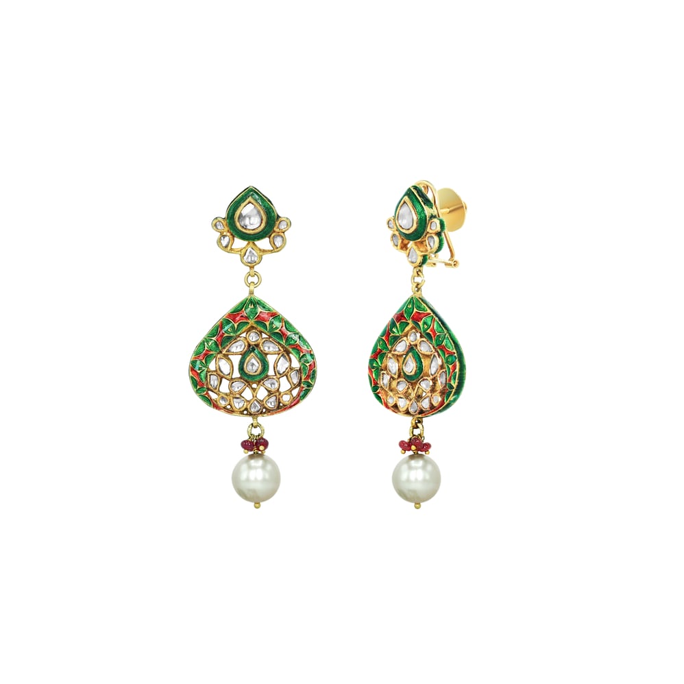 Polki Necklace Set with Green Enamel, Pearl Strands, and Drops