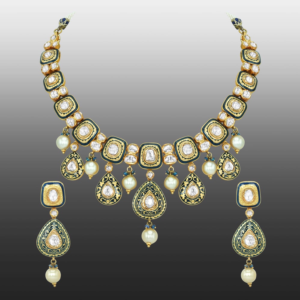 Black Inlay Polki Set with Green Enamel and Pearl Drops