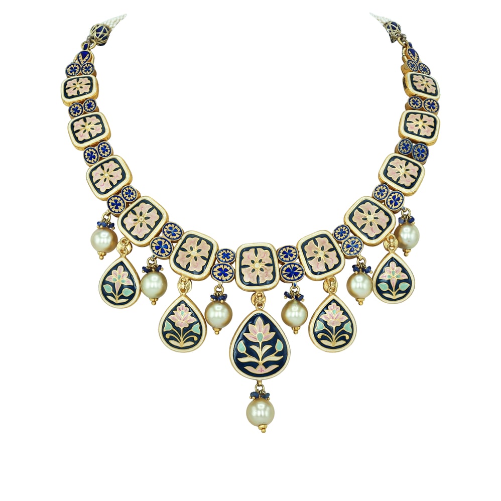 Black Inlay Polki Set with Green Enamel and Pearl Drops