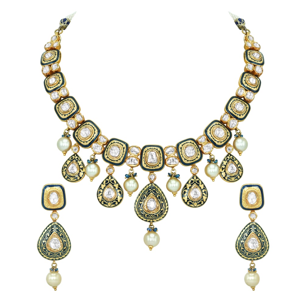Black Inlay Polki Set with Green Enamel and Pearl Drops
