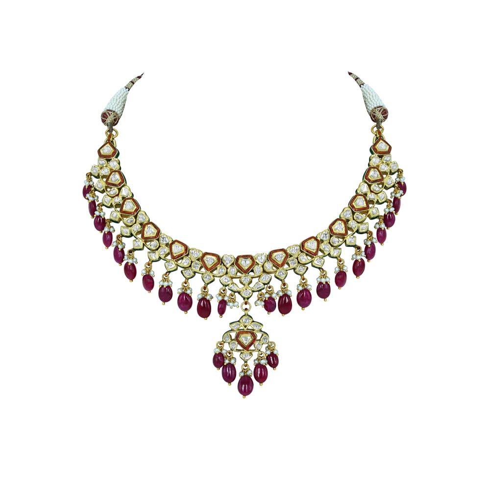 Polki Necklace with Ruby Drops and Red Enamel