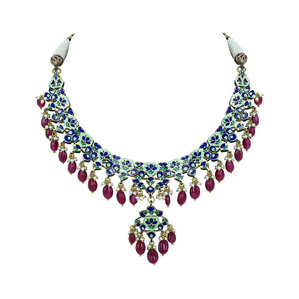 Polki Necklace with Ruby Drops and Red Enamel