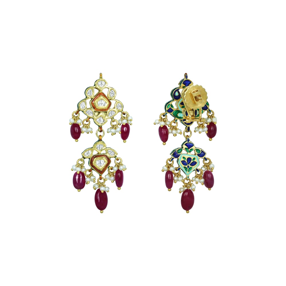 Polki Floral Earrings with Ruby Drops and Red Enamel