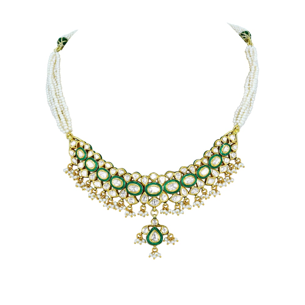 Polki Necklace with Green Enamel and Pearls