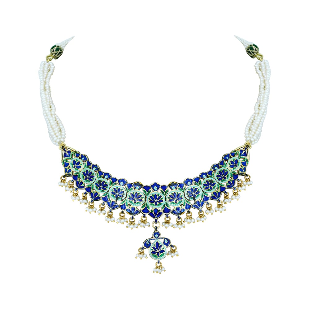 Polki Necklace with Green Enamel and Pearls