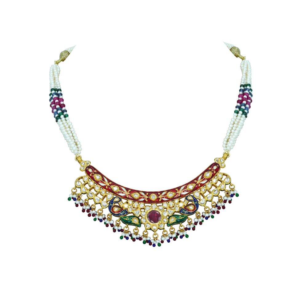Polki Necklace with Red Enamel and Multicolour Bead Fringes