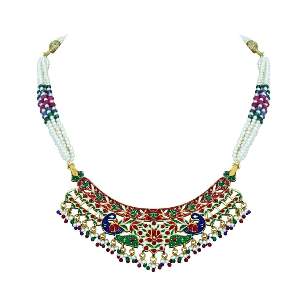 Polki Necklace with Red Enamel and Multicolour Bead Fringes