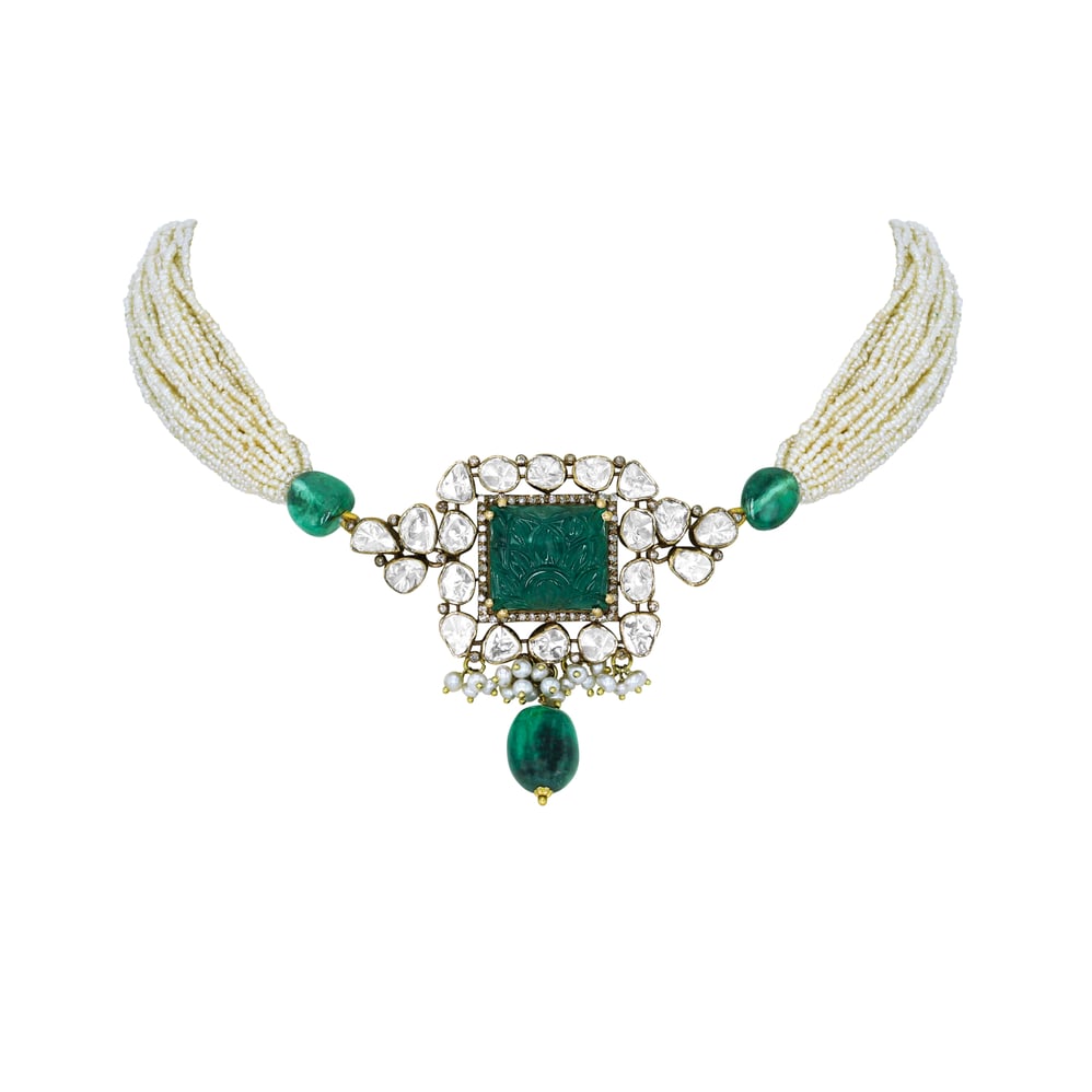 Carved Emerald Polki Choker with Pearl Strands and Emerald Drop