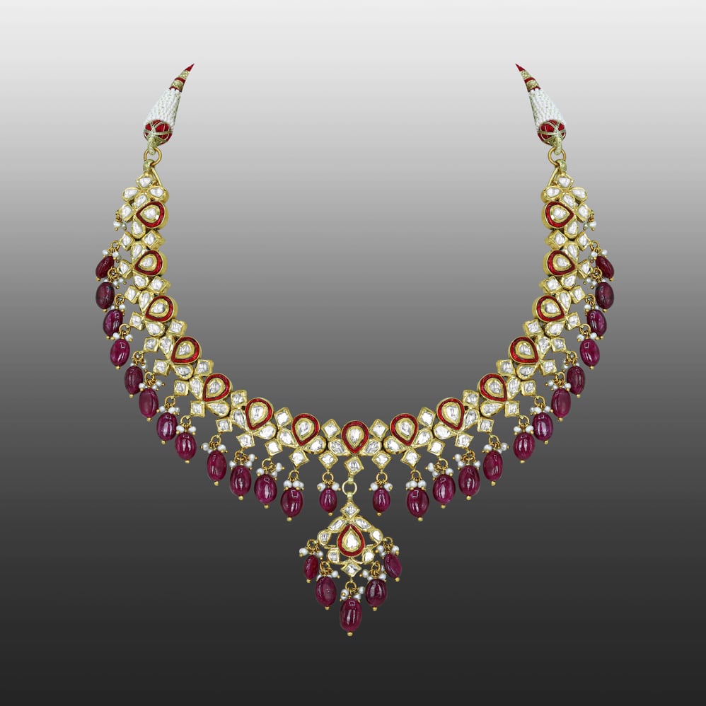 Polki Necklace with Red Enamel and Ruby Drops