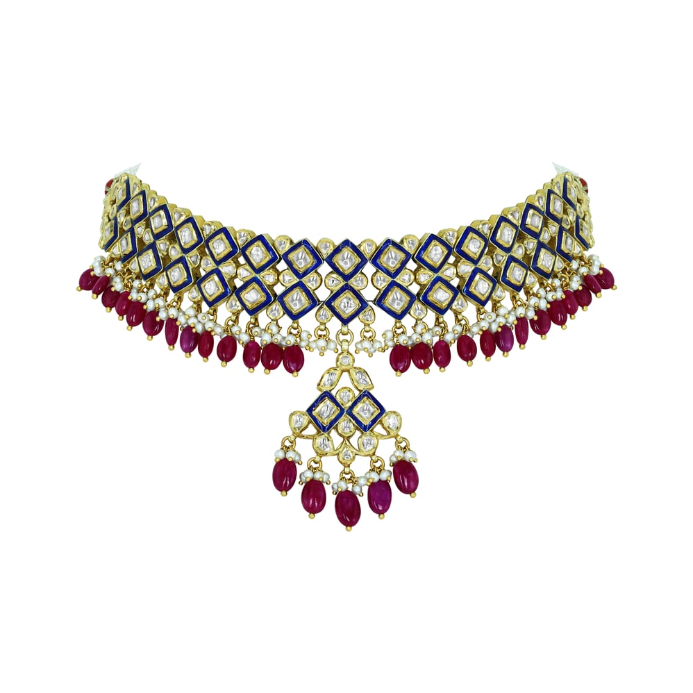 Polki Choker with Blue Enamel, Ruby Drops, and Culture Pearls