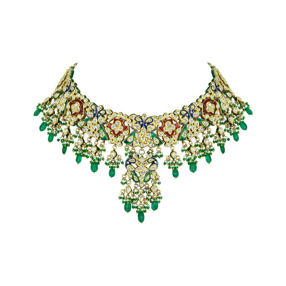 Floral Polki Necklace with Emerald Drops and Enamel