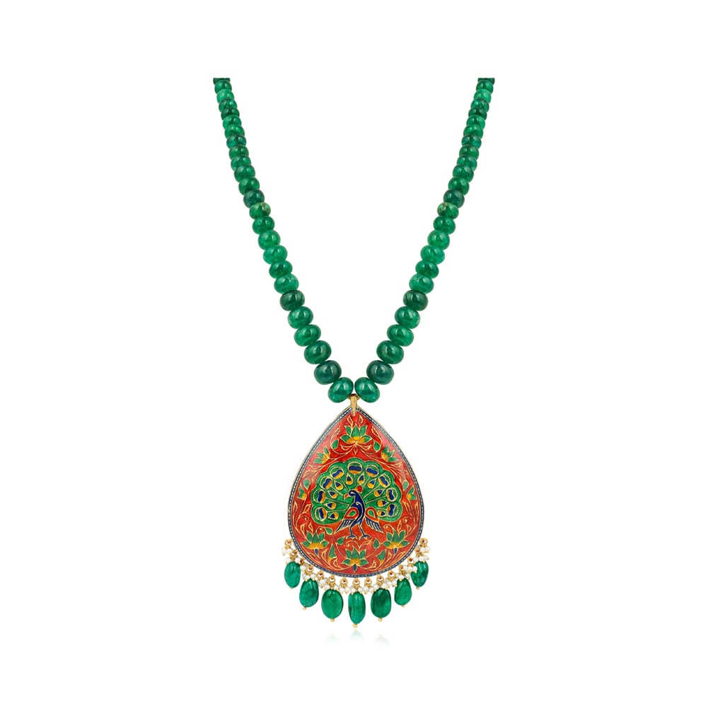 Emerald Bead Necklace with Polki Pendant and Meena Detailing