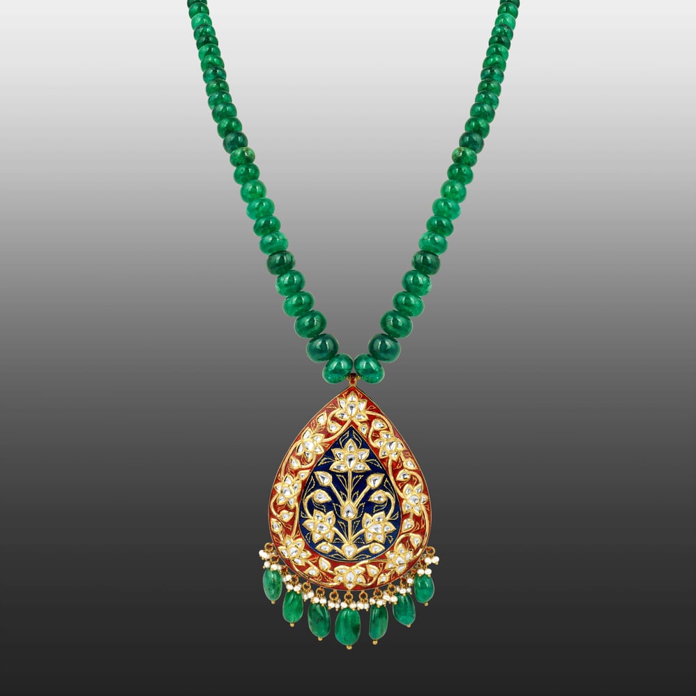 Emerald Bead Necklace with Polki Pendant and Meena Detailing