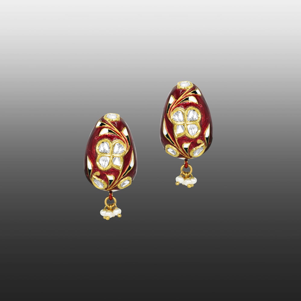 Polki Hasli Necklace Set with Red Enamel and Pearl Beads