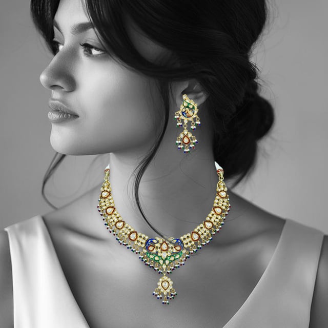 Polki Necklace with Enamel Peacock Motifs and Beads