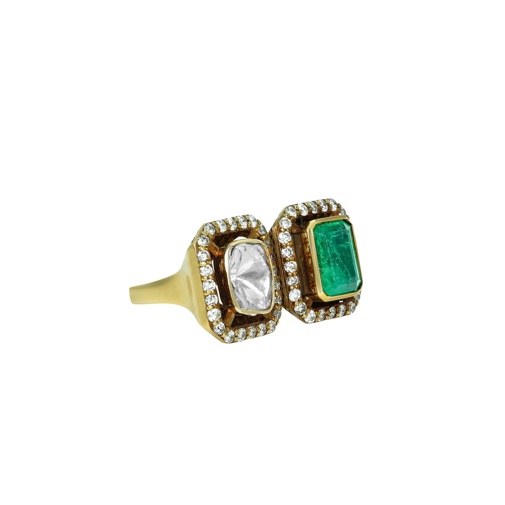 Emerald and Polki Diamond Ring with Dual Halo