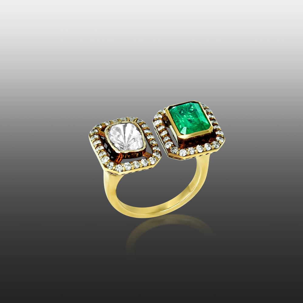 Emerald and Polki Diamond Ring with Dual Halo