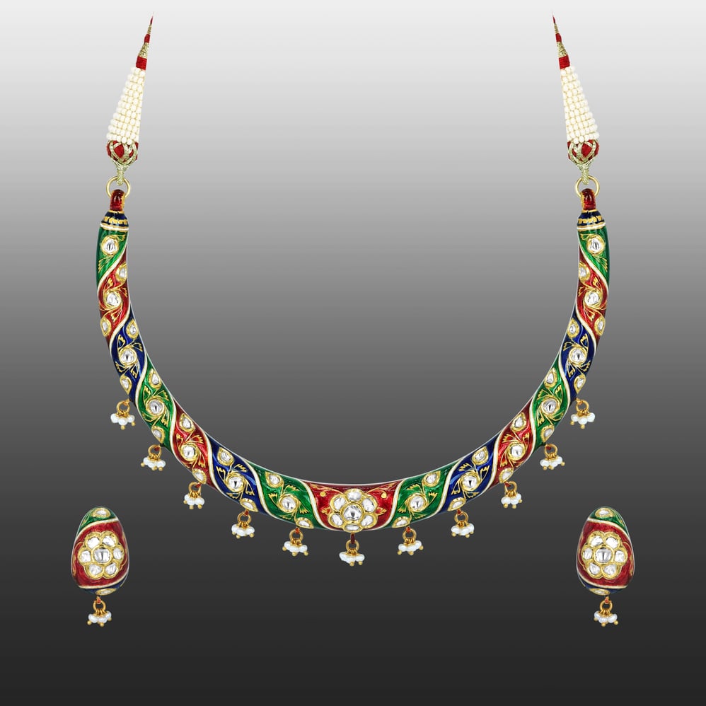 Enamel Hasli Necklace Set with Floral Motifs and Pearls