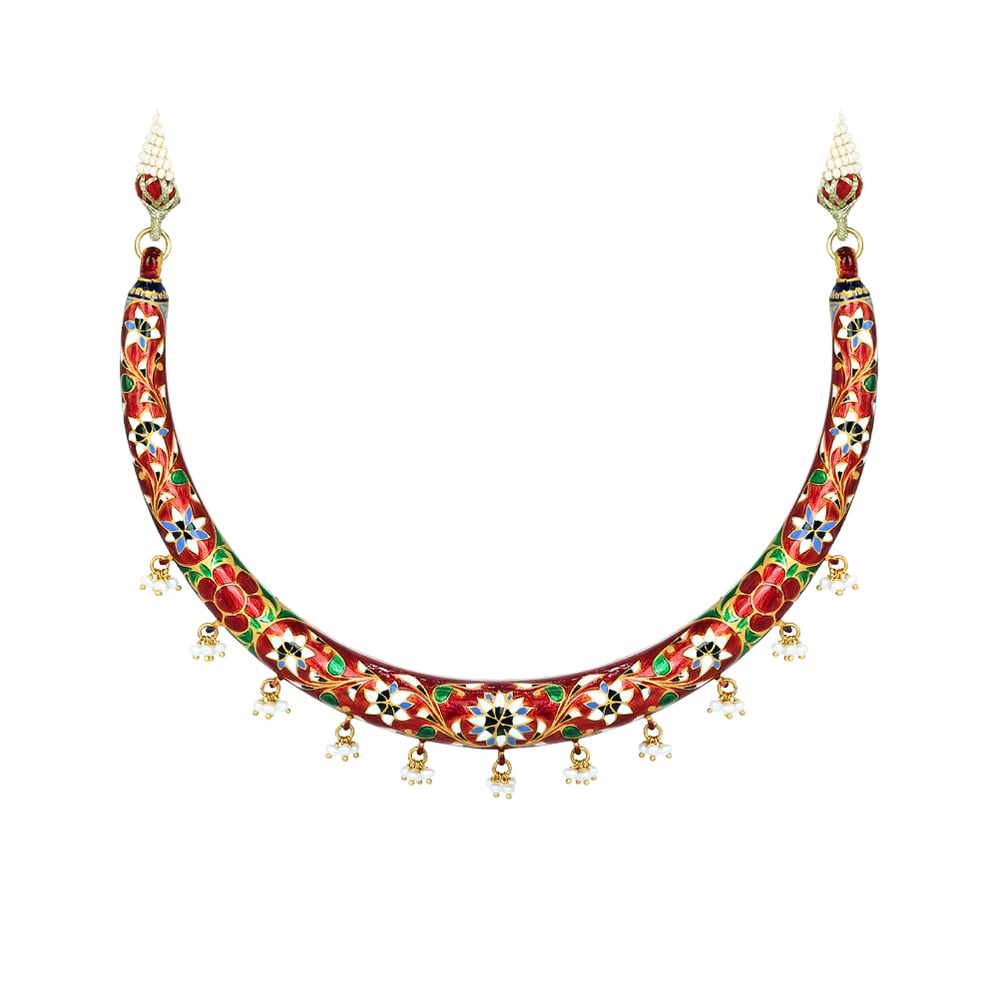 Enamel Hasli Necklace Set with Floral Motifs and Pearls
