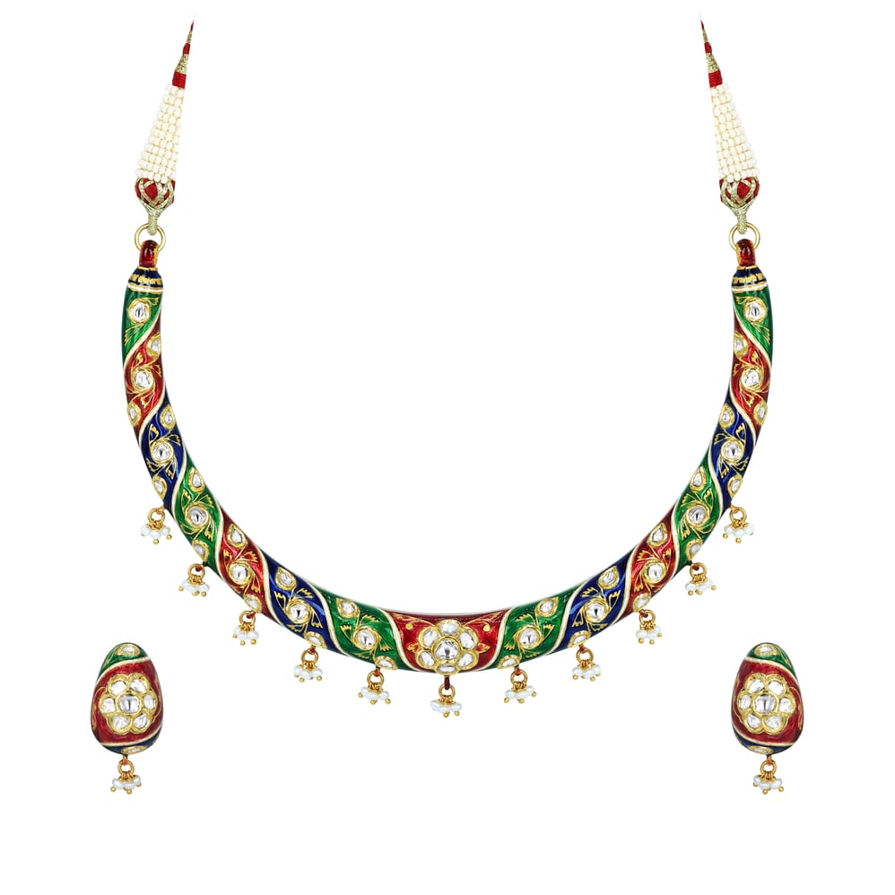 Enamel Hasli Necklace Set with Floral Motifs and Pearls