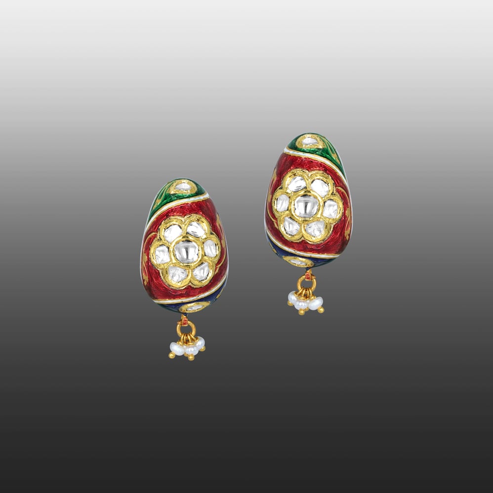 Enamel Hasli Necklace Set with Floral Motifs and Pearls