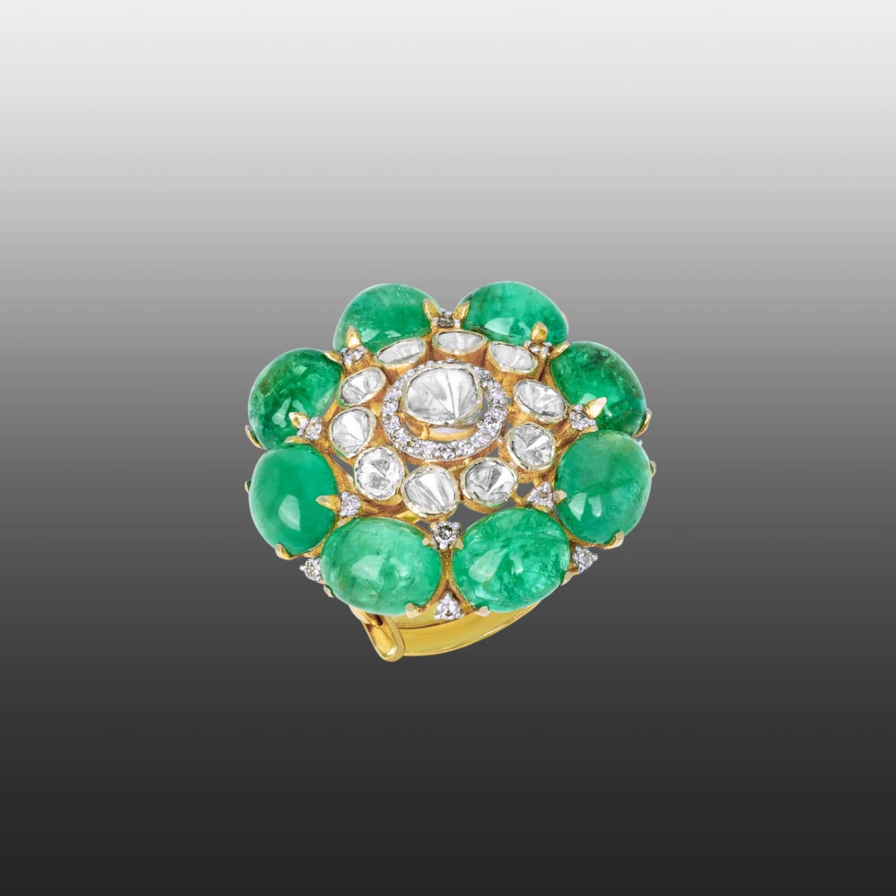 Floral Ring with Emerald Petals , Diamonds and Polki
