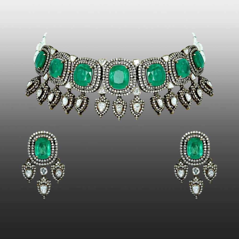 Antique Emerald Necklace Set with Diamond Halos and Teardrops