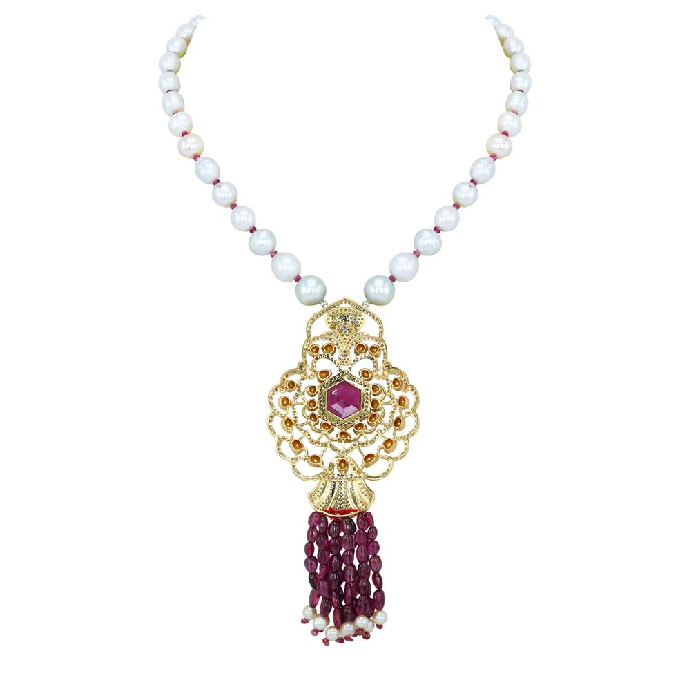 Hexagonal Tourmaline Pendant with Diamond Filigree and Tourmaline Tassels
