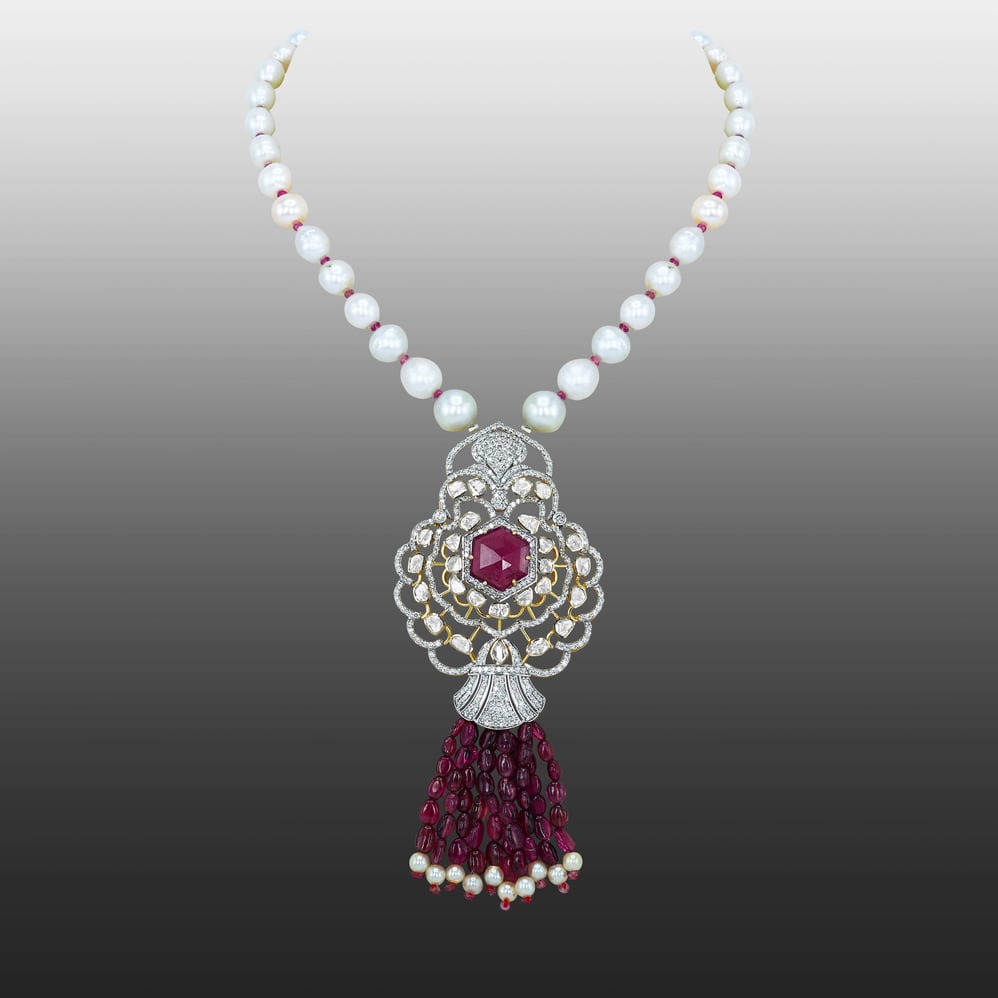 Hexagonal Tourmaline Pendant with Diamond Filigree and Tourmaline Tassels