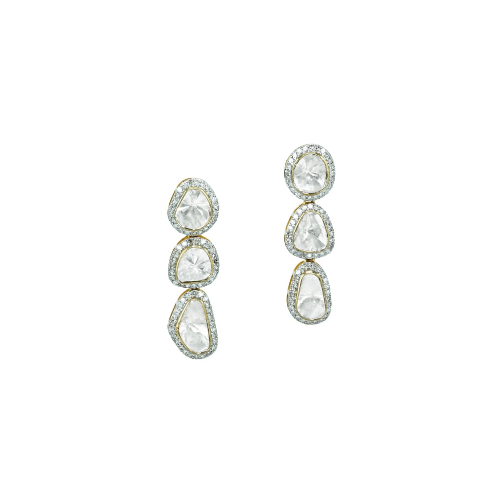 Triple Polki Diamond Drop Earrings with Sparkling Halos