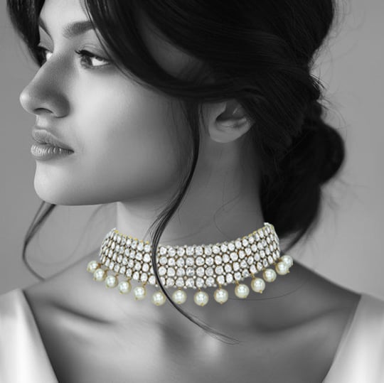Polki Diamond Choker with Multi-Row Design and Pearl Drops