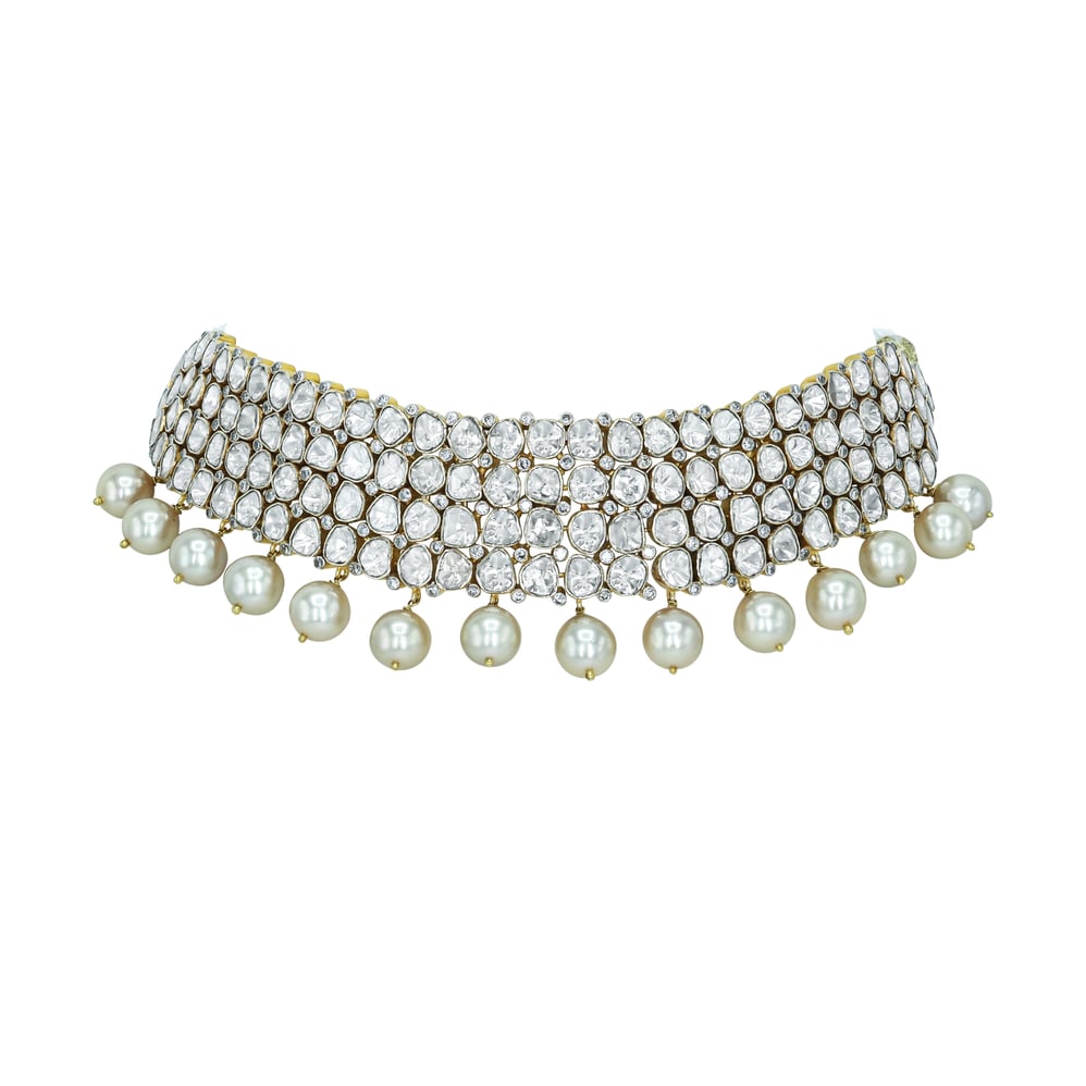 Polki Diamond Choker with Multi-Row Design and Pearl Drops