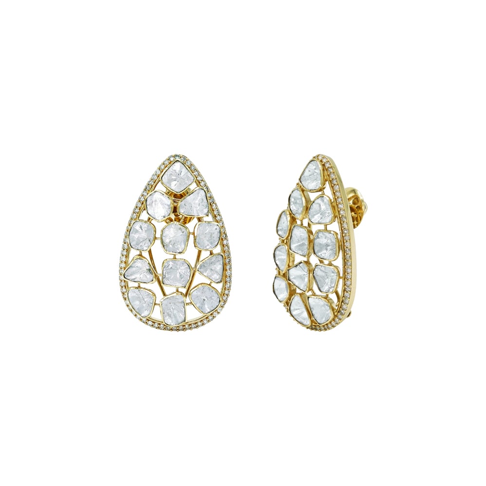 Teardrop Polki Earrings with Lattice Design and Diamond Border