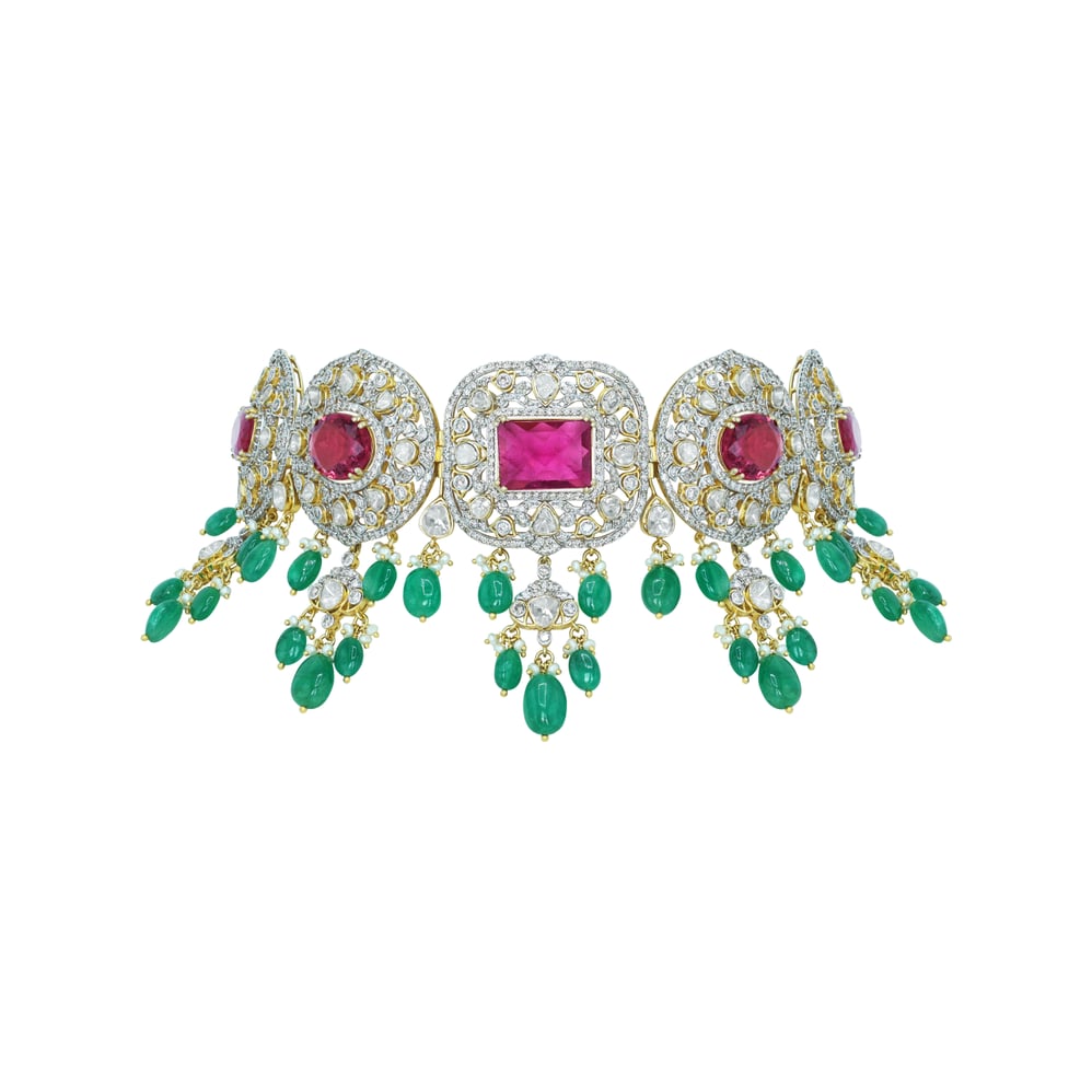 Tourmaline Choker with Polki Diamonds, Emerald Drops, and Pearls