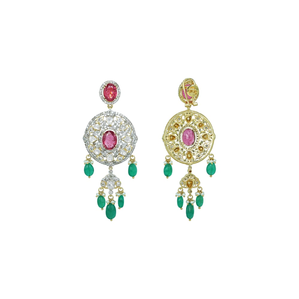Tourmaline Earrings with Polki Diamonds and Emerald Drops