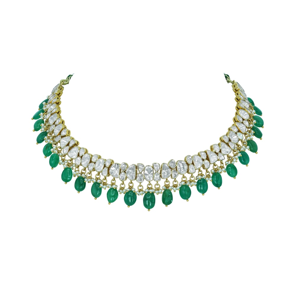 Open Polki Diamond Necklace with Emerald Drops