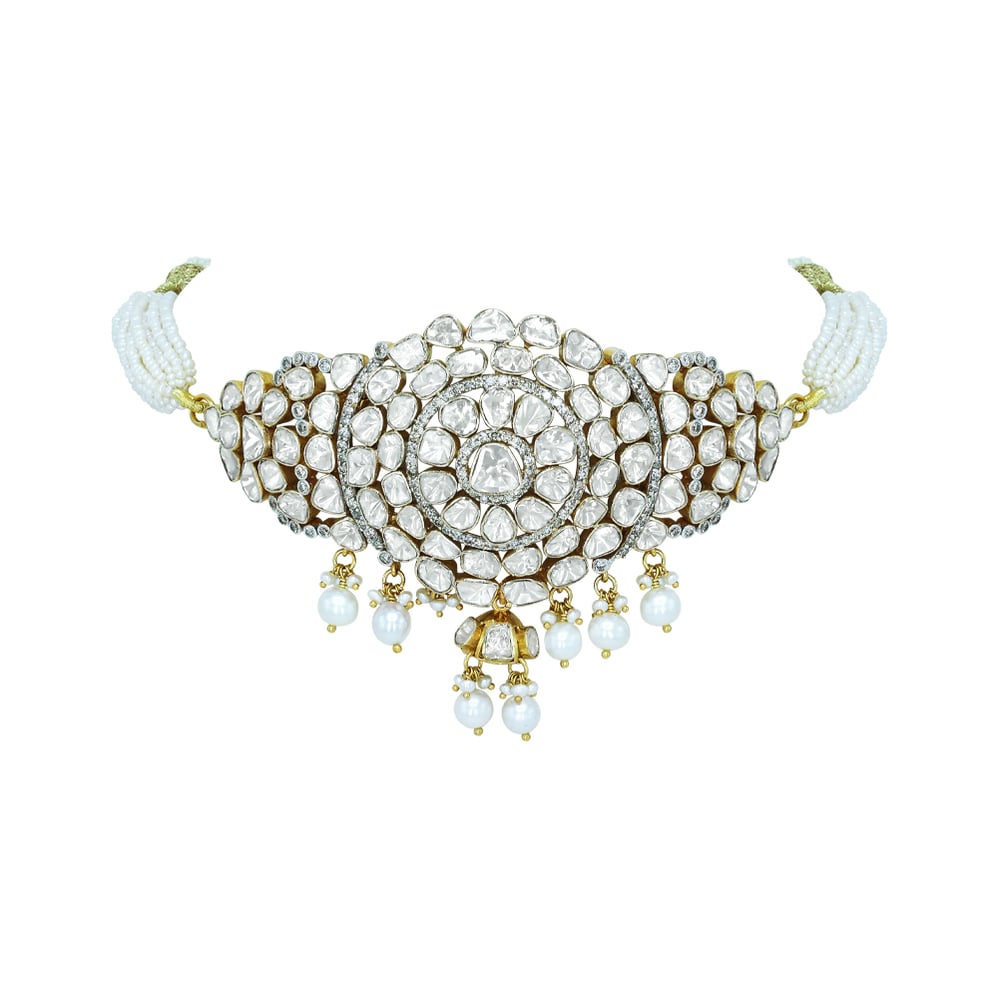 Polki Diamond Choker with Pearl Strings and Dangling Drops