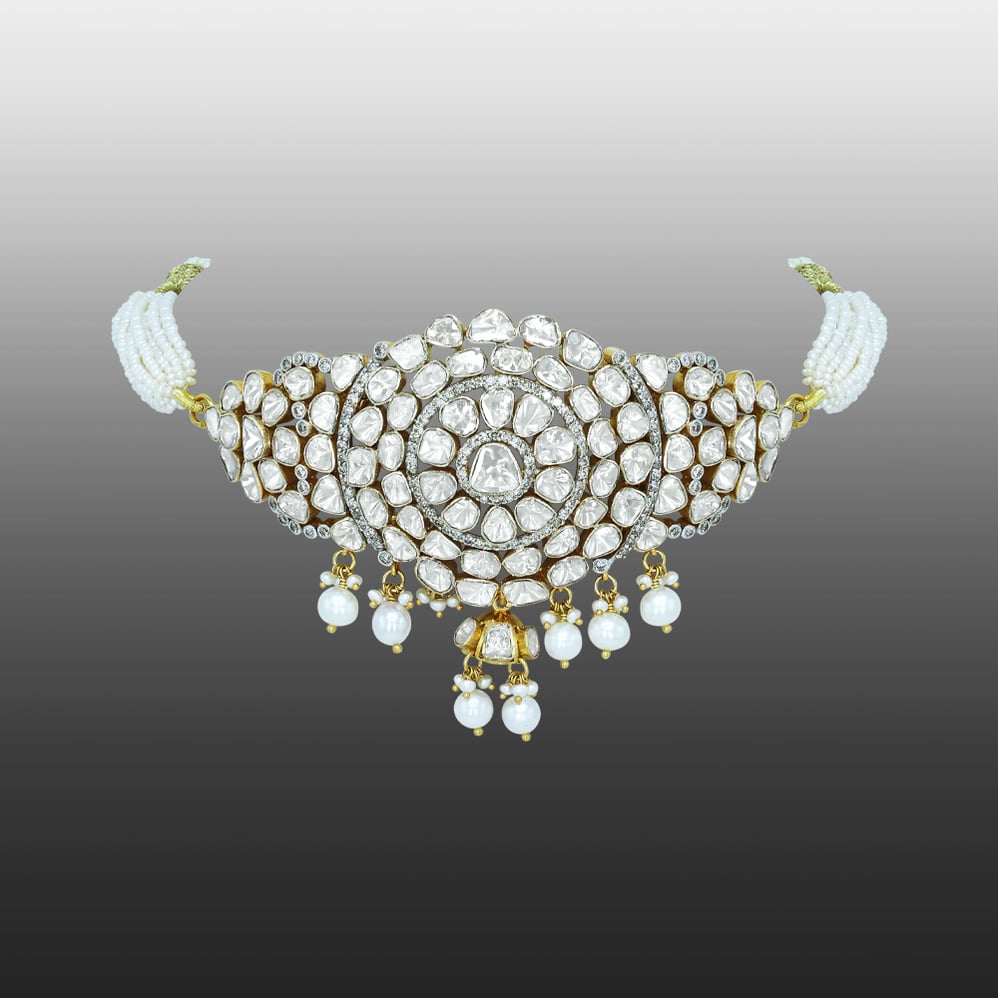 Polki Diamond Choker with Pearl Strings and Dangling Drops